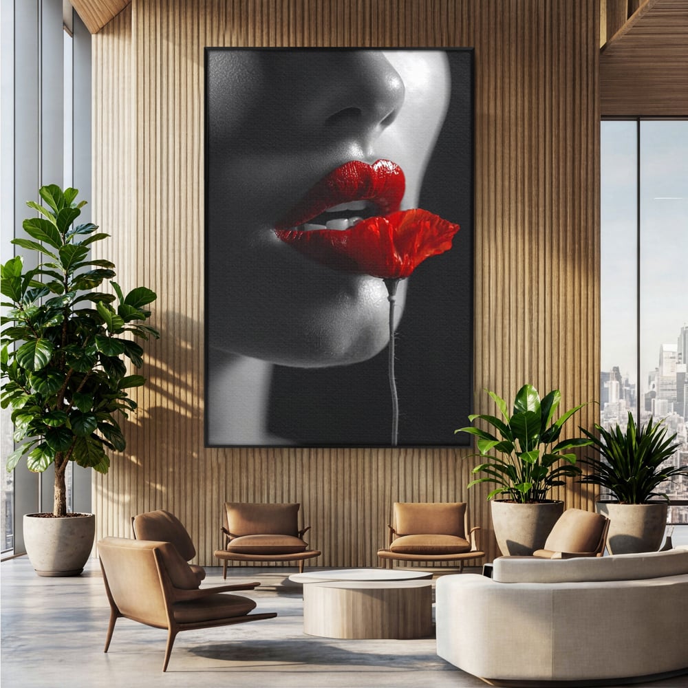 Tablou canvas cu tablou canvas cu buze si mac, in rama de aluminiu negru, pe perete intr-un birou